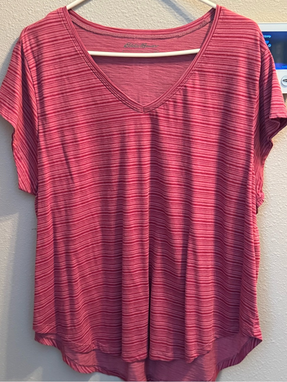 Eddie Bauer Pink Striped V-Neck Short Sleeve Tee